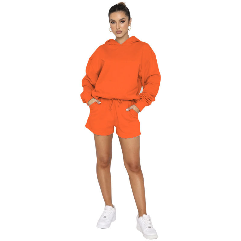 Autumn Winter Solid Color Pullover Hooded Long Sleeves Sweaters Women Clothing Casual Shorts Suit