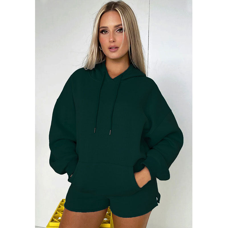 Autumn Winter Solid Color Thickened Fleece Lined Hooded Long Sleeve Sweater Women Casual Shorts Suit