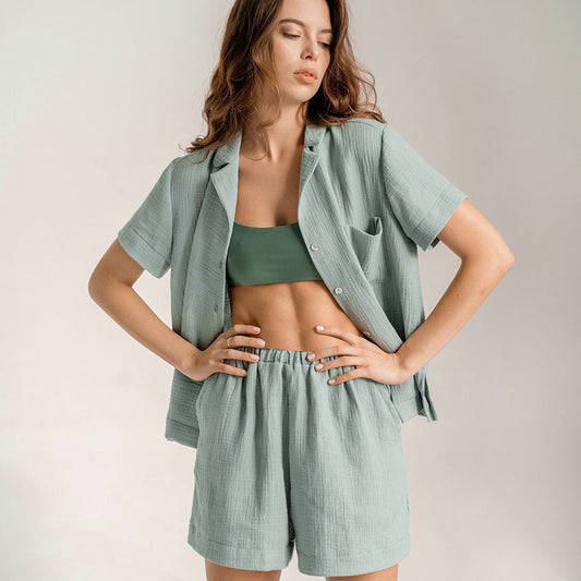 Summer Cotton Linen French Simplicity Sports Shirt Shorts Double Layer Gauze Pajamas Women  Homewear