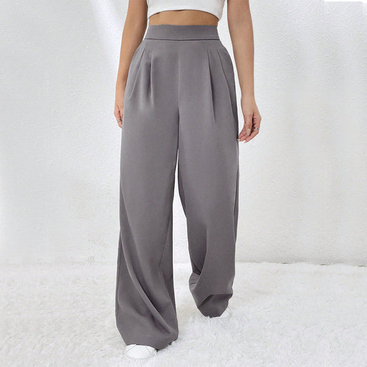 Women Clothing Autumn Winter Elastic Waist with Pocket Straight Wide Leg Pants Loose Casual Trousers