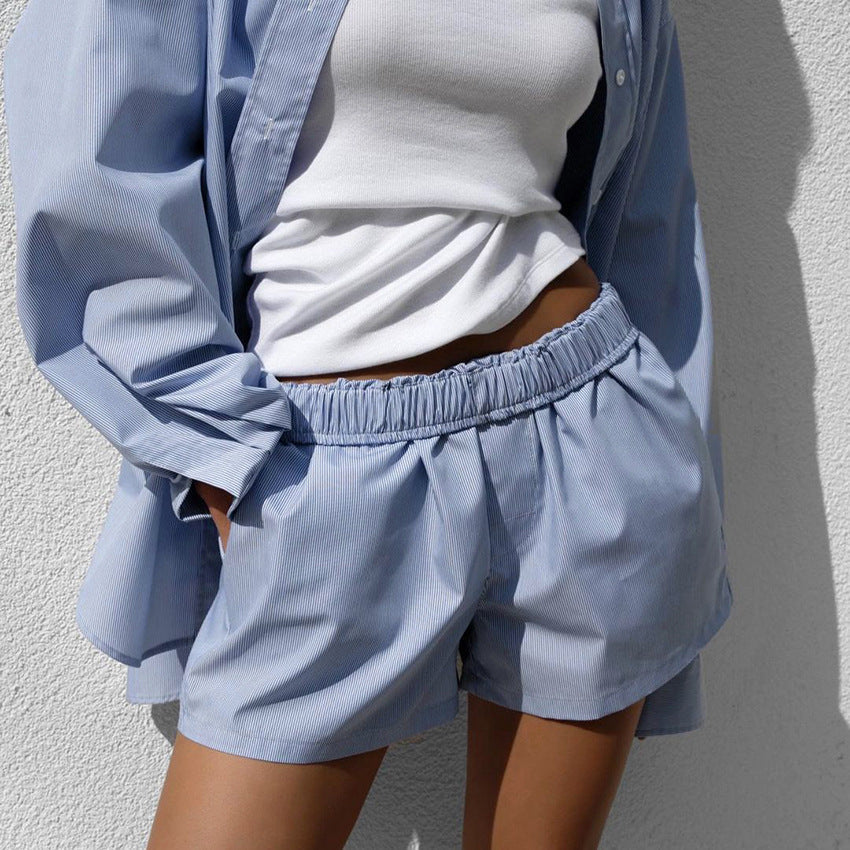 Comfortable Loose Long Sleeved Shirt Shorts Summer Women Clothes Two Piece Set