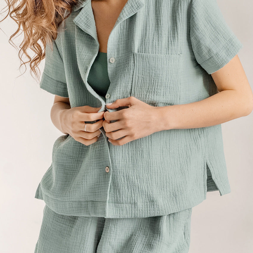 Summer Cotton Linen French Simplicity Sports Shirt Shorts Double Layer Gauze Pajamas Women  Homewear
