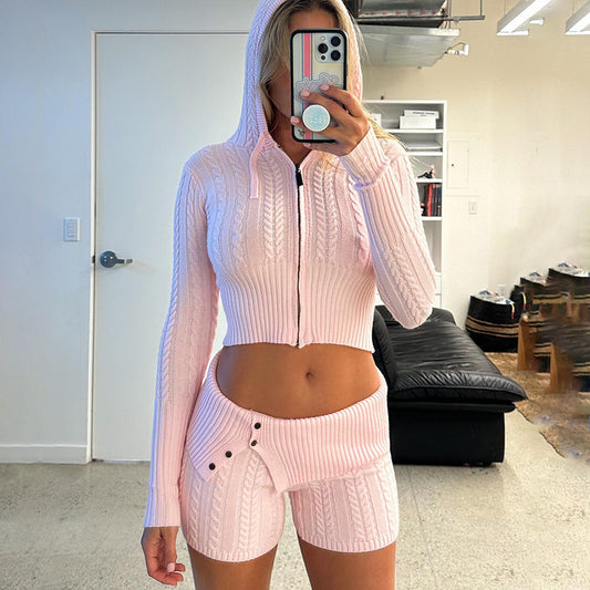 Arrival Sweater Suit Women Sexy Sexy Knitted Hooded Top Shorts Long Sleeve Two Piece Set