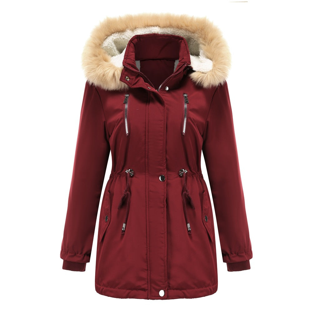 Autumn Winter  Women Clothing Thick Lambskin Cotton-Padded Coat Women Loose Women Cotton Clothes Removable Hat Fleece Padded Coat