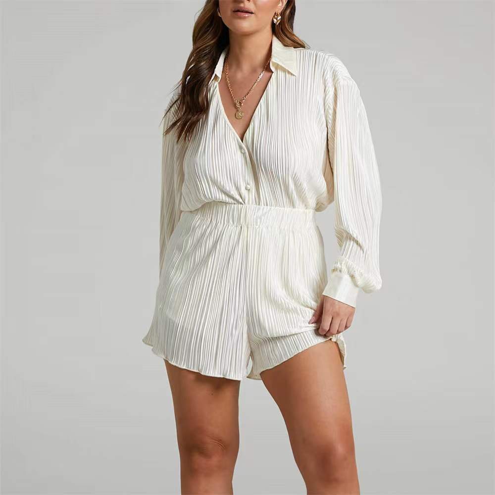 Spring Summer New Popular Fashion V-neck Pleated Long Sleeve Collared Shorts Fashion Suit