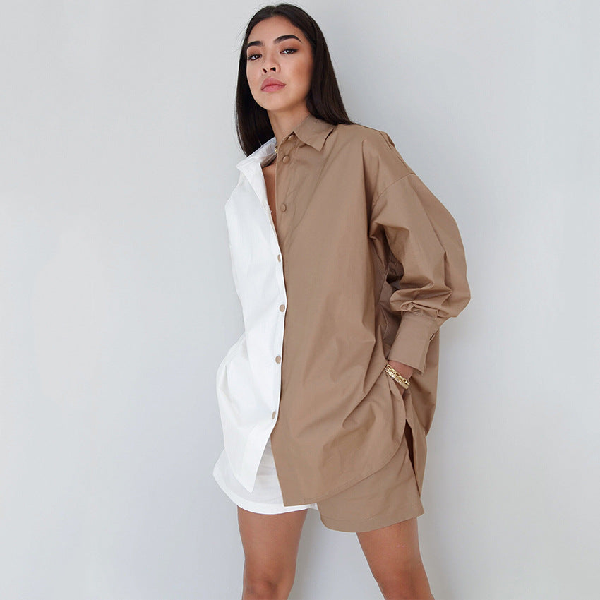 Spring Summer Women Wear New  Contrast Color Long Sleeves Shirt Shorts Two Piece Cotton Linen Casual Fashion Set