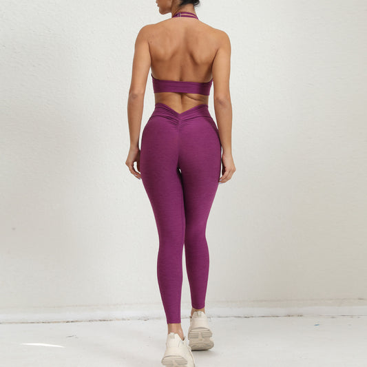 Halter Adjustable Shoulder Strap Peach Hip Pocket V Waist Tights Sports Yoga Fitness Suit