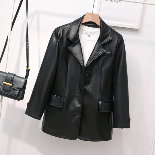 Small Blazer Women Spring Korean Faux Leather Coat Casual Blazer Loose British Coat