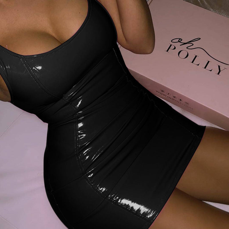 Metallic Coated Fabric Faux Leather Solid Color Sling Dress Women Tight Leather Sexy Sleeveless Leather Sexy Hip