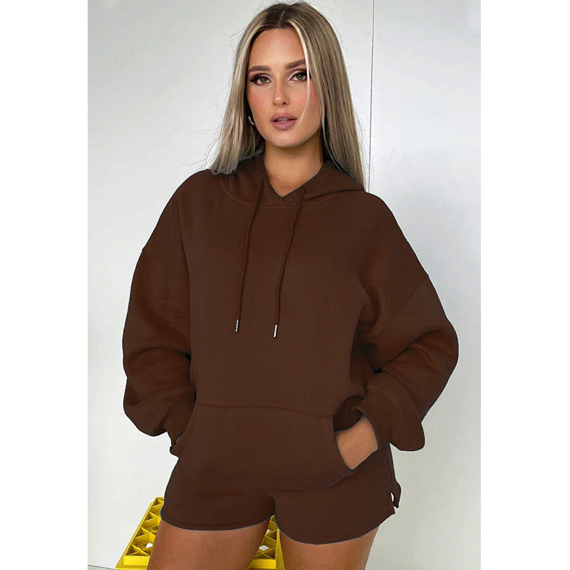 Autumn Winter Solid Color Thickened Fleece Lined Hooded Long Sleeve Sweater Women Casual Shorts Suit
