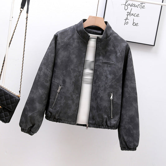 Blooming Stand Collar Faux Leather Coat Women Short Spring Autumn Camouflage Varsity Jacket Biker Leather Jacket