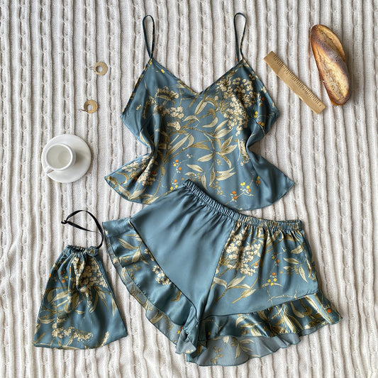 Spring Summer Imitated Silk Pajamas Two-Piece Printed Shorts Home Wear Suit Sexy Sling Dress