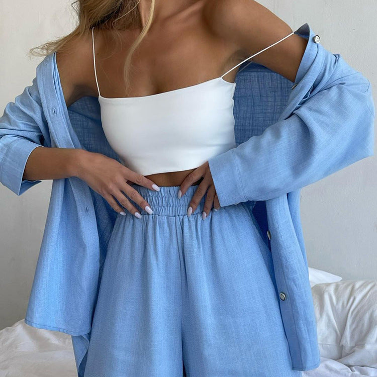 Spring Summer Two Piece Set Solid Color Single Breasted Long Sleeve Collared Shirt Shorts Loose Casual Set