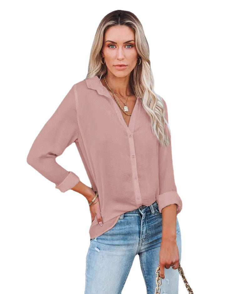 Women Clothing Autumn Winter Casual Loose Long Sleeve Buckle V neck Shirt Top
