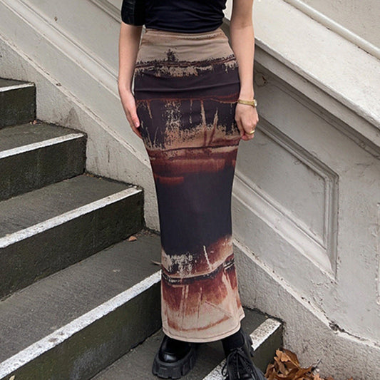 Retro Decadent Printed Stretch Hip Lift Fishtail Skirt Elegant Slimming Waist Tight Vintage Wear Mid Length Dress