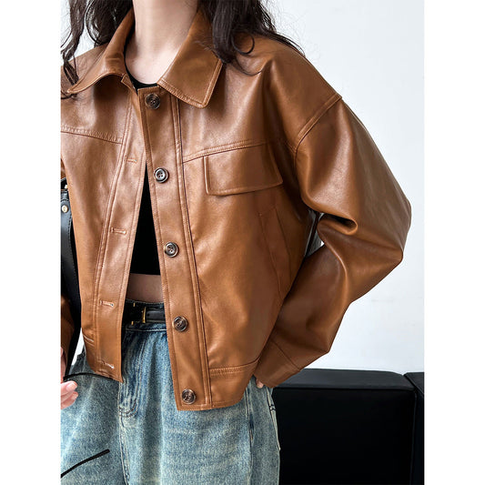 Fashionable Fine Elegant Brown Profile Faux Leather Coat Women Fall Lapels Motorcycle Short Jacket Coat