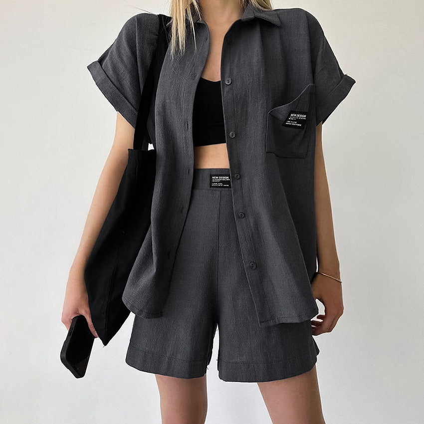Summer Design Casual Cotton Linen Short Sleeve Shirt Shorts Two Piece Set for Women