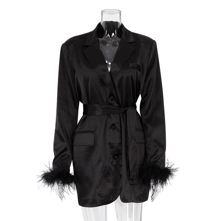 Early Autumn Elegant Suit Collar Ostrich Feather Long Sleeved Dress Tight Waist High Grade A  line Dress