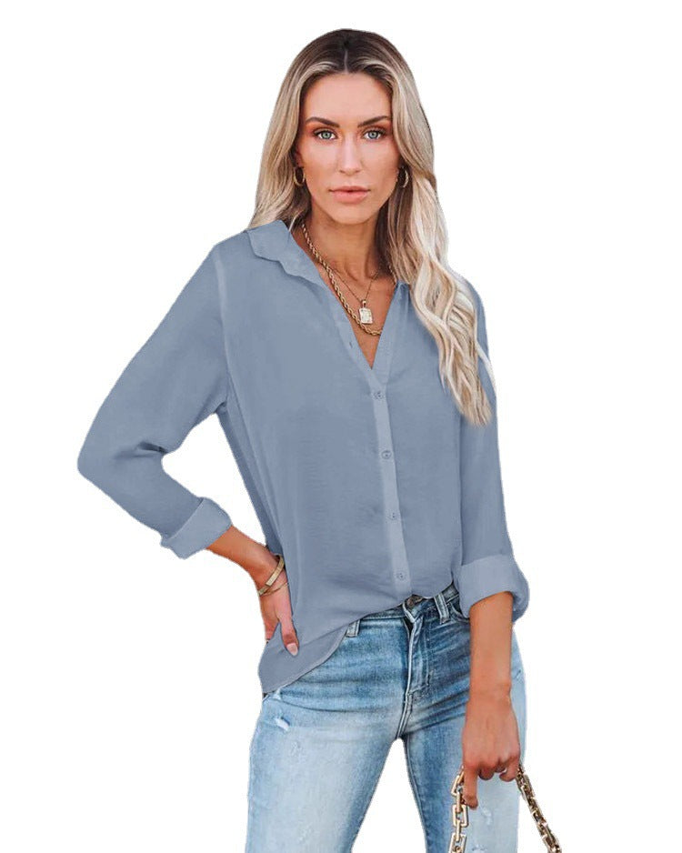 Women Clothing Autumn Winter Casual Loose Long Sleeve Buckle V neck Shirt Top