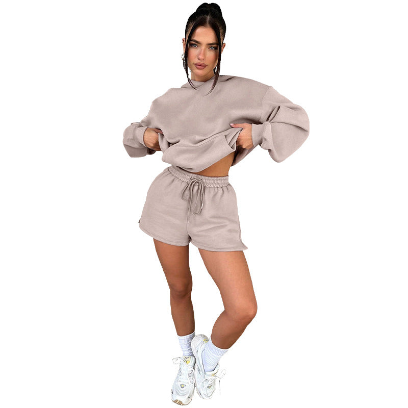 Autumn Winter Solid Color Long-Sleeved Hooded Sweaters Women Clothing Two Piece Casual Shorts sets