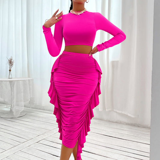Fall Winter Sexy Women Clothing Solid Color Round Neck Cropped Outfit Long Sleeve Flounced Skirt Set