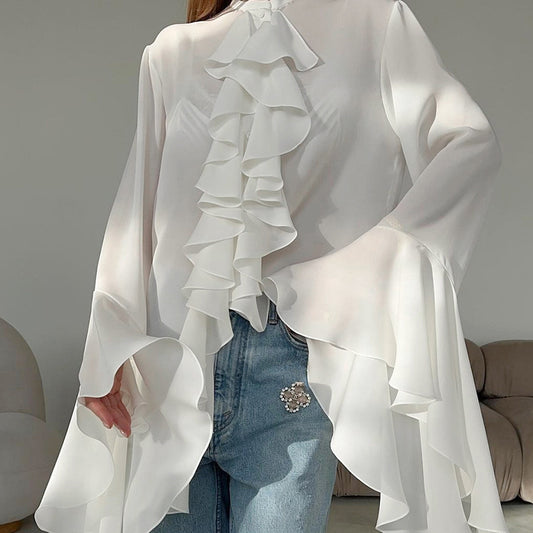 White Chiffon Design round Neck Bell Sleeve Ruffled Women Shirt Spring Summer Women Shirt