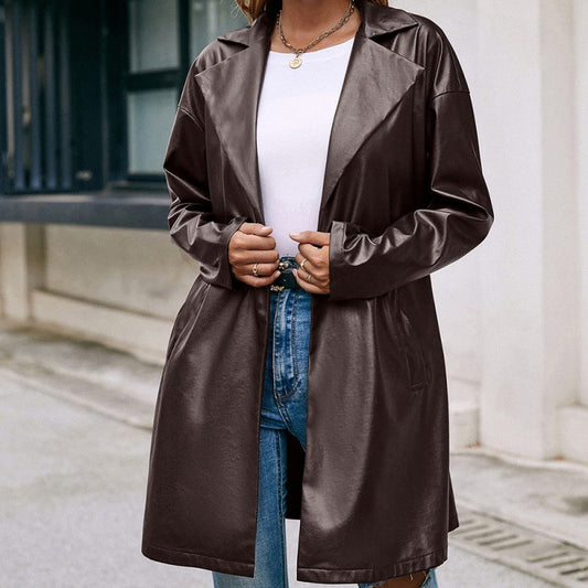 Mid-Length Faux Leather Blazer Lace up Slim Fit Long Sleeve Biker Leather Trench Coat Women