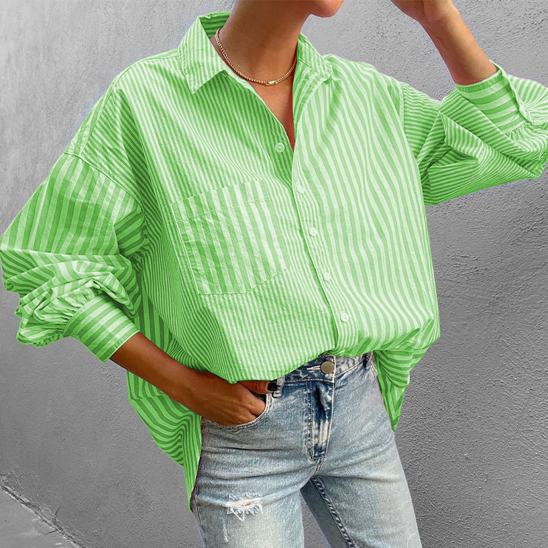 Autumn Women Clothing Collared Loose Long Sleeve Striped Shirt