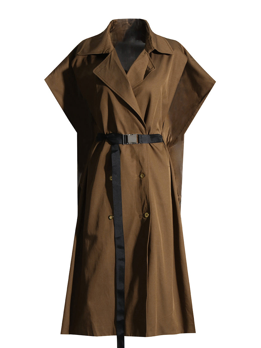 Elegant Street Women Windbreaker Autumn Cape Design Double Breasted Sleeveless Long Coat