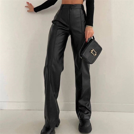 Women Clothing Faux Leather Trousers Autumn Winter Casual Pants Fried Street Cool Straight Leg Pants Figure Flattering Leather Pants Women