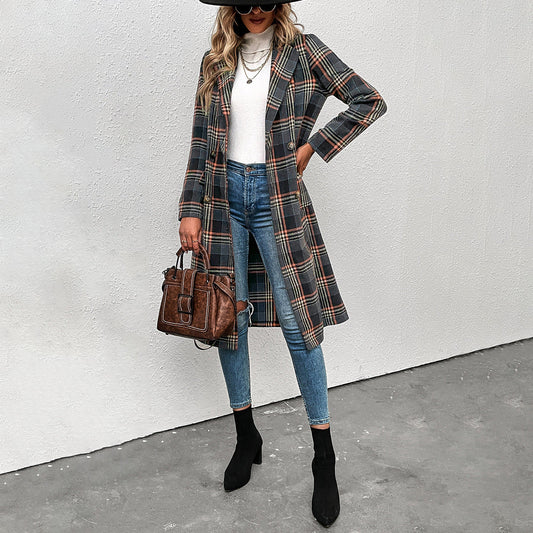 Fall Winter Casual Women Clothing Trendy Single Breasted Plaid Wool Coat
