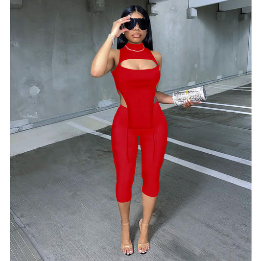 Women Clothing Sexy Sleeveless Half Turtleneck Cropped Pants Two-Piece Solid Color Elastic Suit for Women