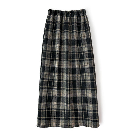 Retro Plaid Woolen Skirt Fleece Lined Women Winter Pear Shapes Cover Slim Long Straight Skirt