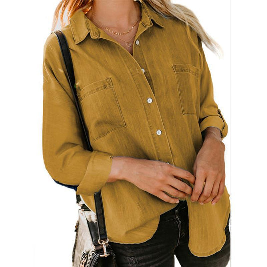 Women Clothing Shirt Spring Autumn Loose Double Pocket Long Sleeve Casual Coat Shirt