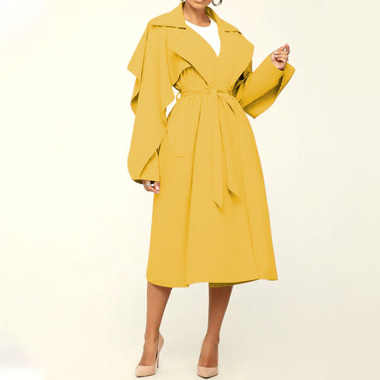 Autumn Winter Women  Clothing Fashionable Polo Collar Solid Color Mid Length Trench Coat