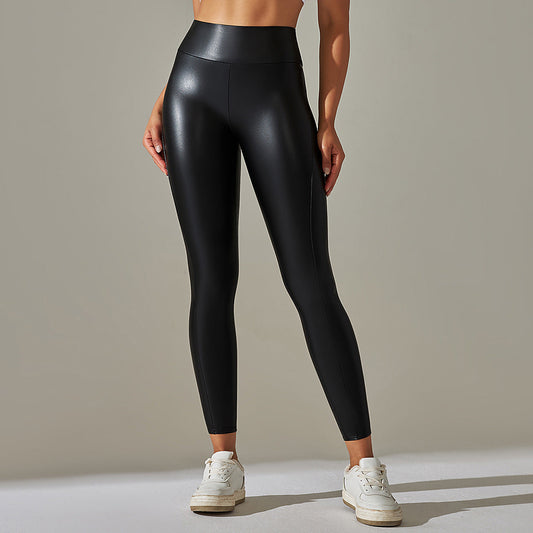 Faux Leather Pants High Elastic Sexy Solid Color Bright Black Tight Trousers Running Fitness Yoga Pants
