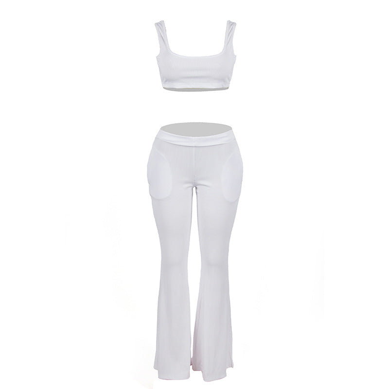 Summer Solid Color Sleeveless Cropped Sling Top Slim Fit Backless Trousers Suit