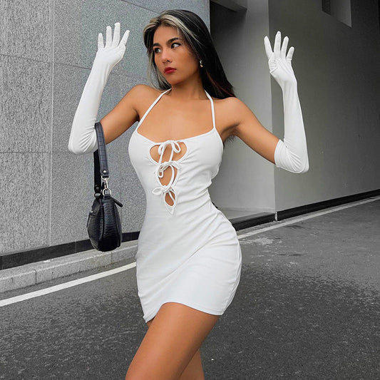 Solid Color Hollow Out Cutout out Halter Dress with Gloves Two Piece Women Clothing Sexy