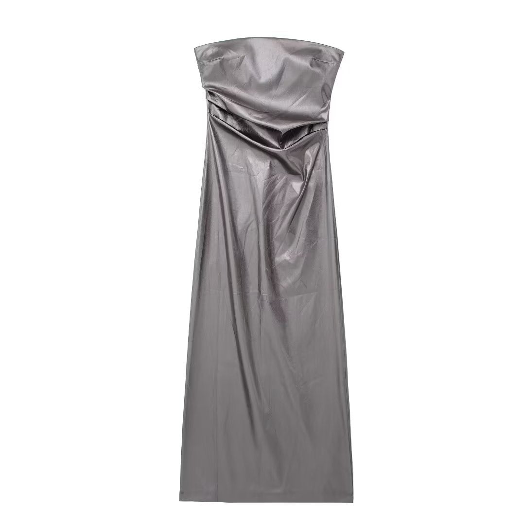 Metallic Coated Fabric Fall Women Clothing Metal Tube Top Dress