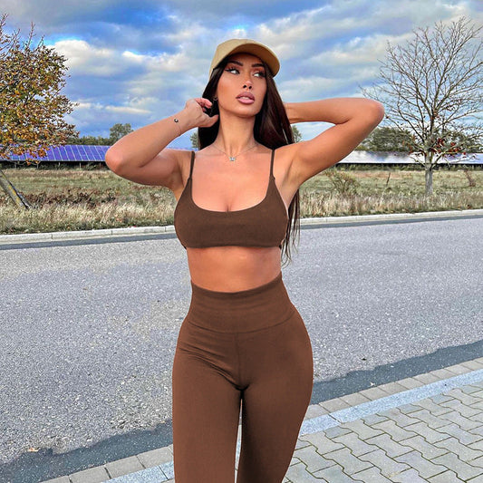 Solid Color Sports Yoga U Shaped Collar Ultra Short Strap Backless Pullover Vest High Waist Tight Skinny Pants