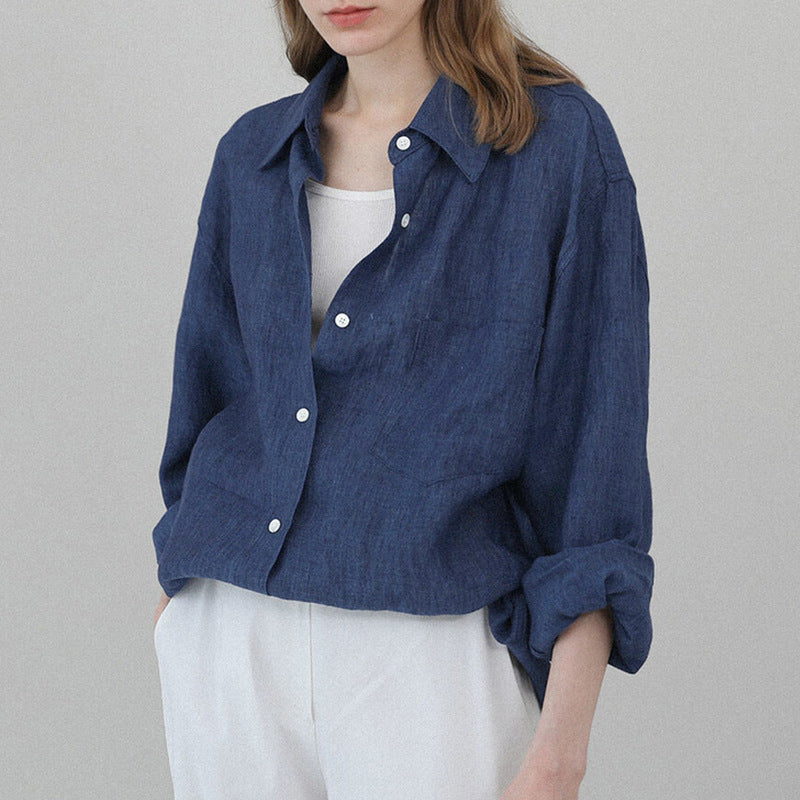 Early Autumn French Niche Design Pure Linen Shirt Simple Niche Idle Loose Lapels Coat for Women