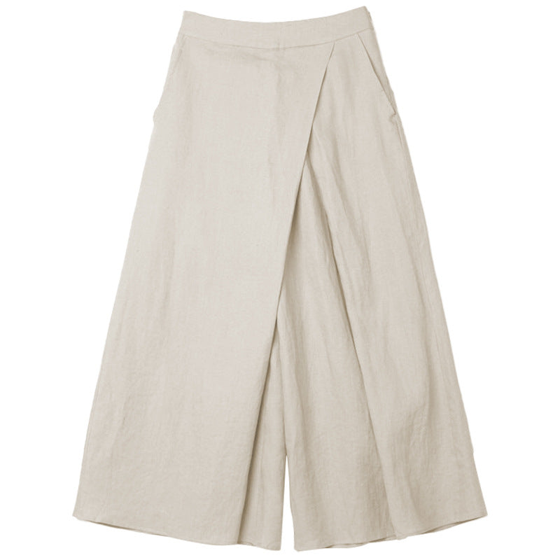Niche Design Cotton Linen Cropped Wide Leg Pants Spring Autumn French High Waist Slimming Skort Office Women Pants
