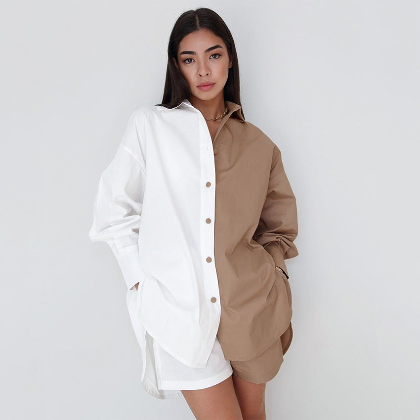 Spring Summer Women Wear New  Contrast Color Long Sleeves Shirt Shorts Two Piece Cotton Linen Casual Fashion Set