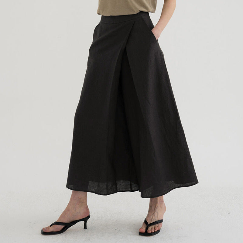 Niche Design Cotton Linen Cropped Wide Leg Pants Spring Autumn French High Waist Slimming Skort Office Women Pants