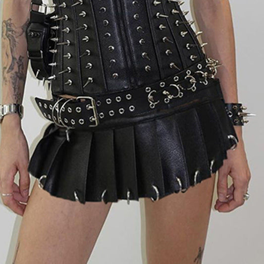 Street Punk Velcro One Piece Leather Skirt Personalized Heavy Industry Metal Ring Buckle Sexy Mini Skirt