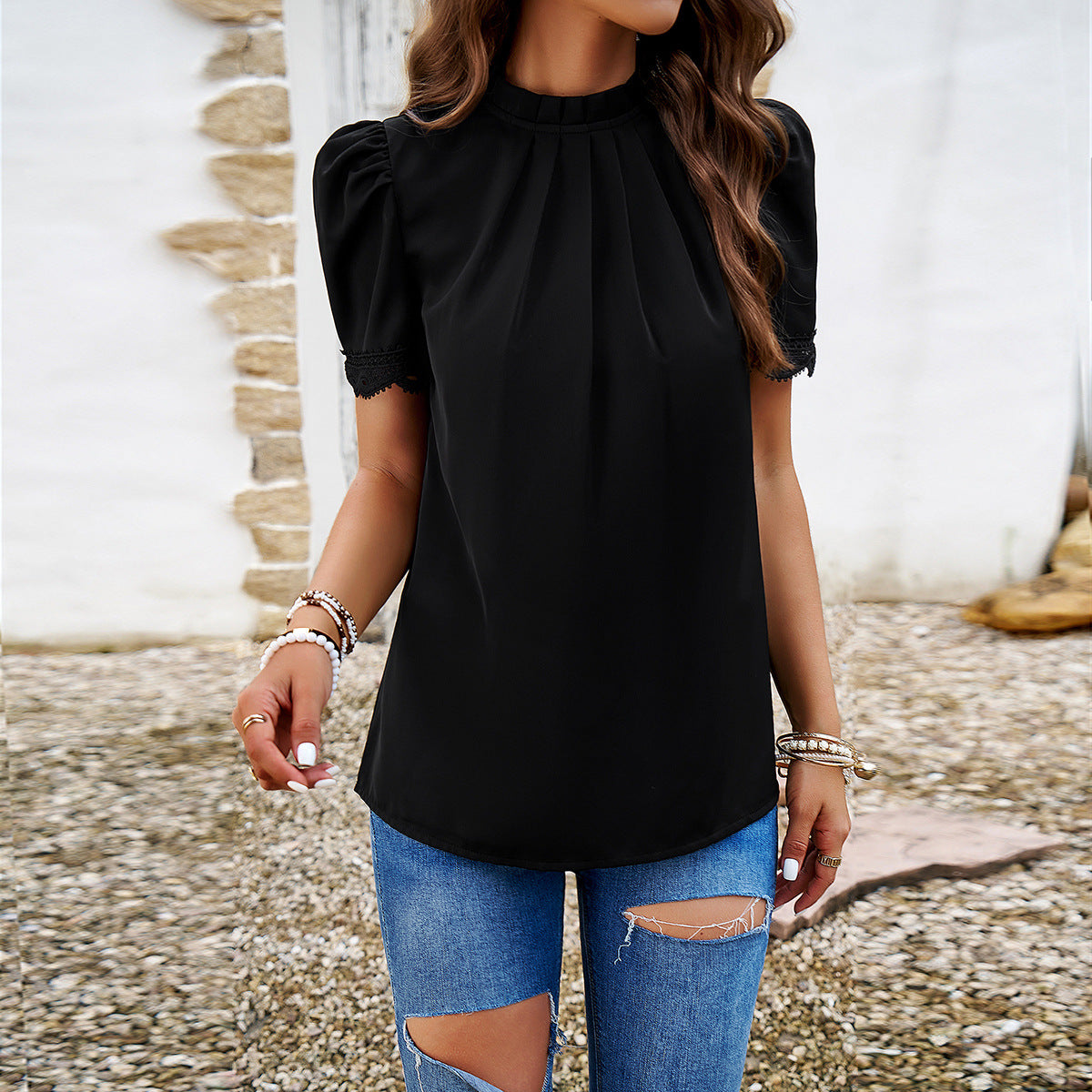Women Clothing Spring Summer Casual Solid Color Short Sleeve Top