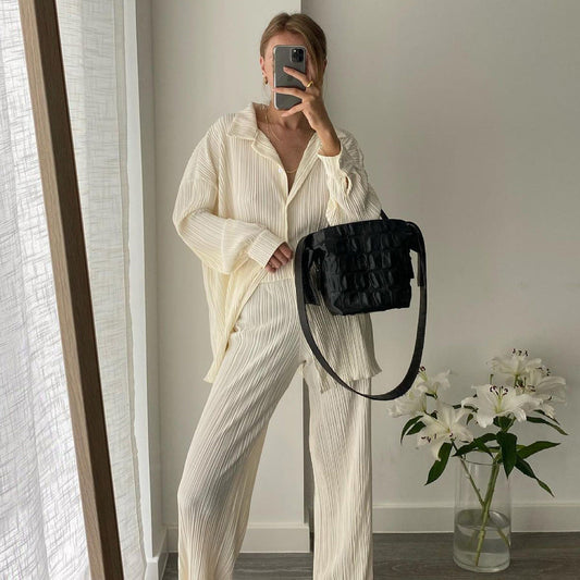 Long Sleeve Collared Pleated Shirt Women Wide Leg Mopping Drape Pleated Trousers Suit