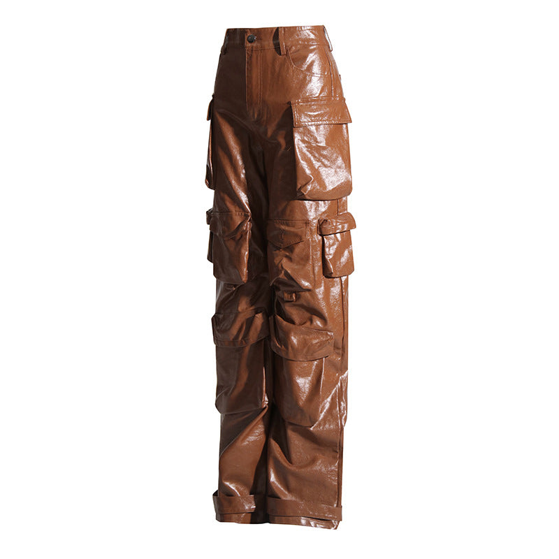 Unique Design Trousers Autumn High Waist Large Pocket Faux Leather Straight Leg Pants Profile Women