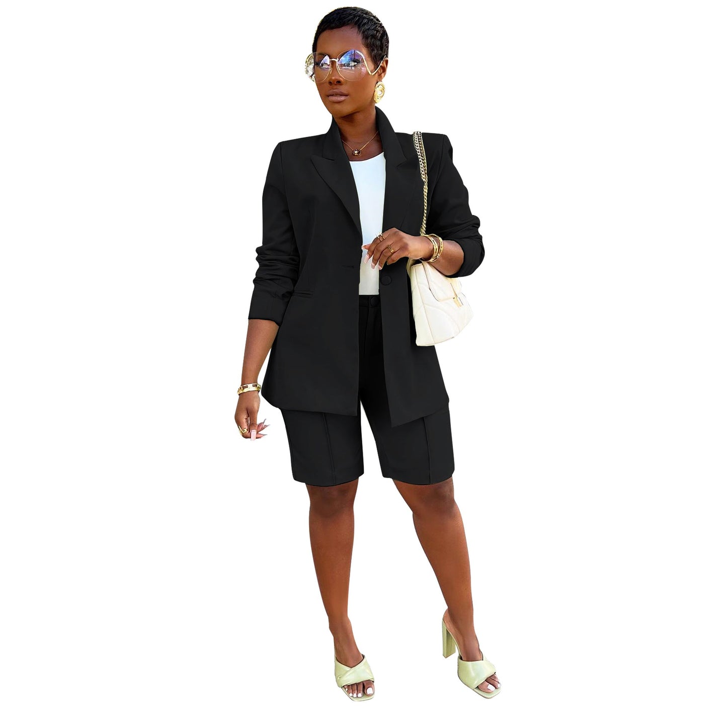 Women Clothing Suit Shorts Jacket Two-Piece Set Spring Summer Office