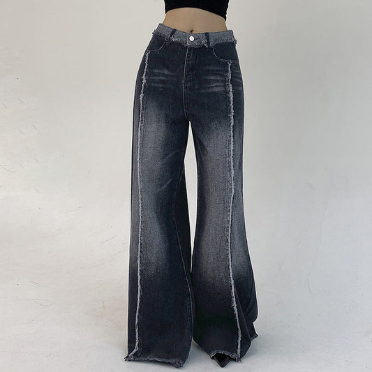 European Street Shooting Wash Gradient Color Burrs Basic Jeans Sexy Low Waist Loose Straight Casual Pants